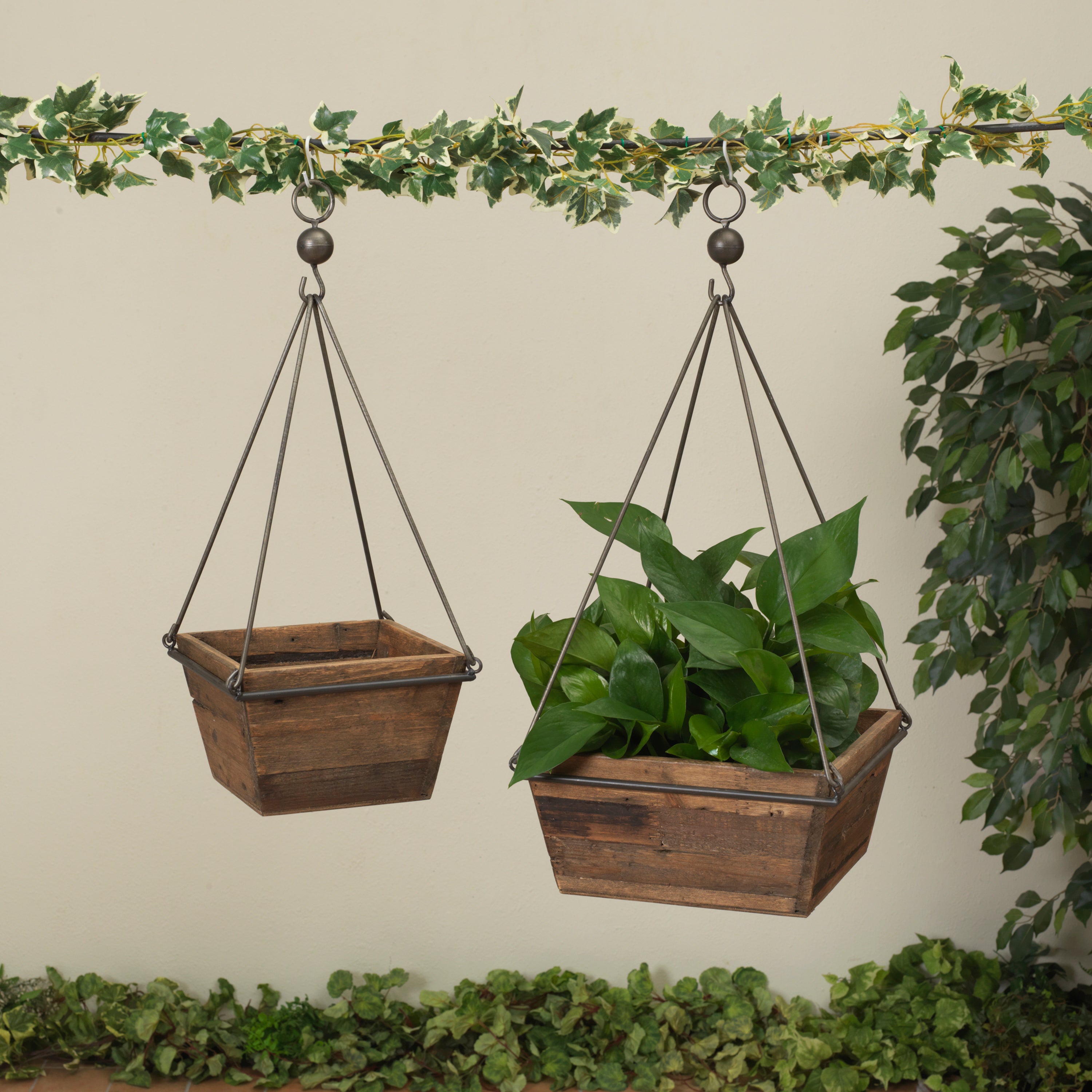 Set of 2 Farmhouse Wood and Metal Planters